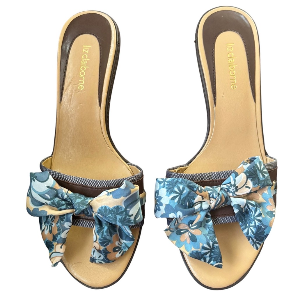 Liz Claiborne Cuba Brown Leather Floral Bow Kitten Heel Sandals Womens 7.5M Blue